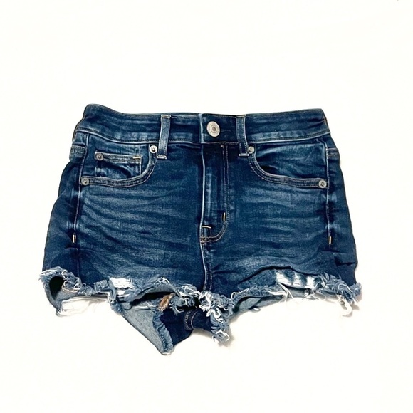 American Eagle High Rise Shortie Dark Wash Distressed Denim Shorts Size 0 Blue - Picture 1 of 6